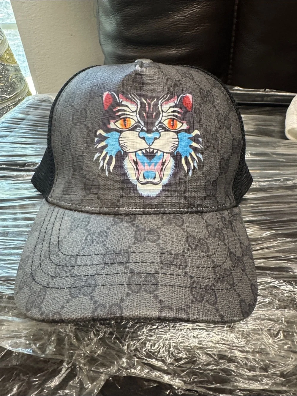 Gucci Gray Monogram Trucker Cap with Multicolor Tiger Patch